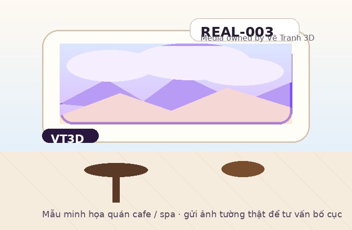 Tranh dán tường 3D cho cafe và spa - REAL-003 trên bức tường minh họa theo không gian thật