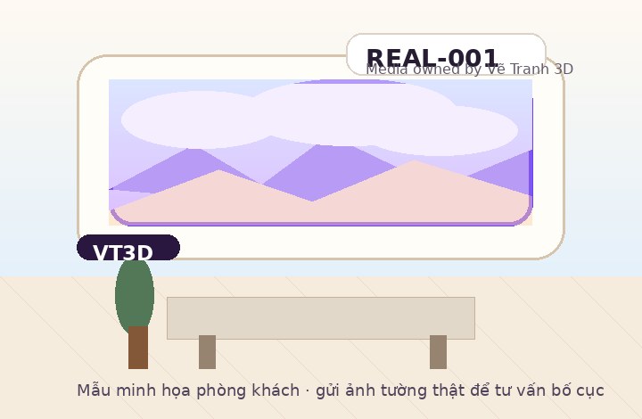 Tranh dán tường 3D cho phòng khách - REAL-001 trên bức tường minh họa theo không gian thật