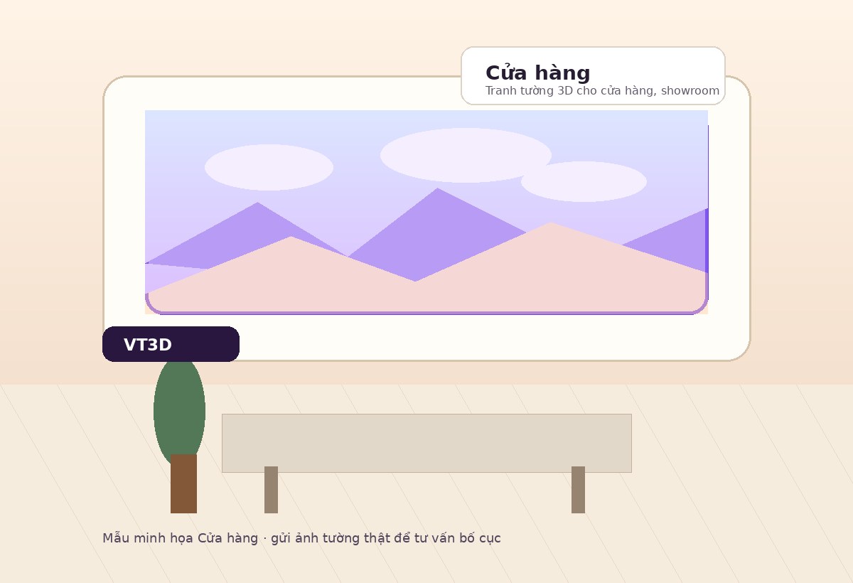 Mẫu minh họa tranh tường 3D cho Cửa hàng / showroom trên bức tường thật