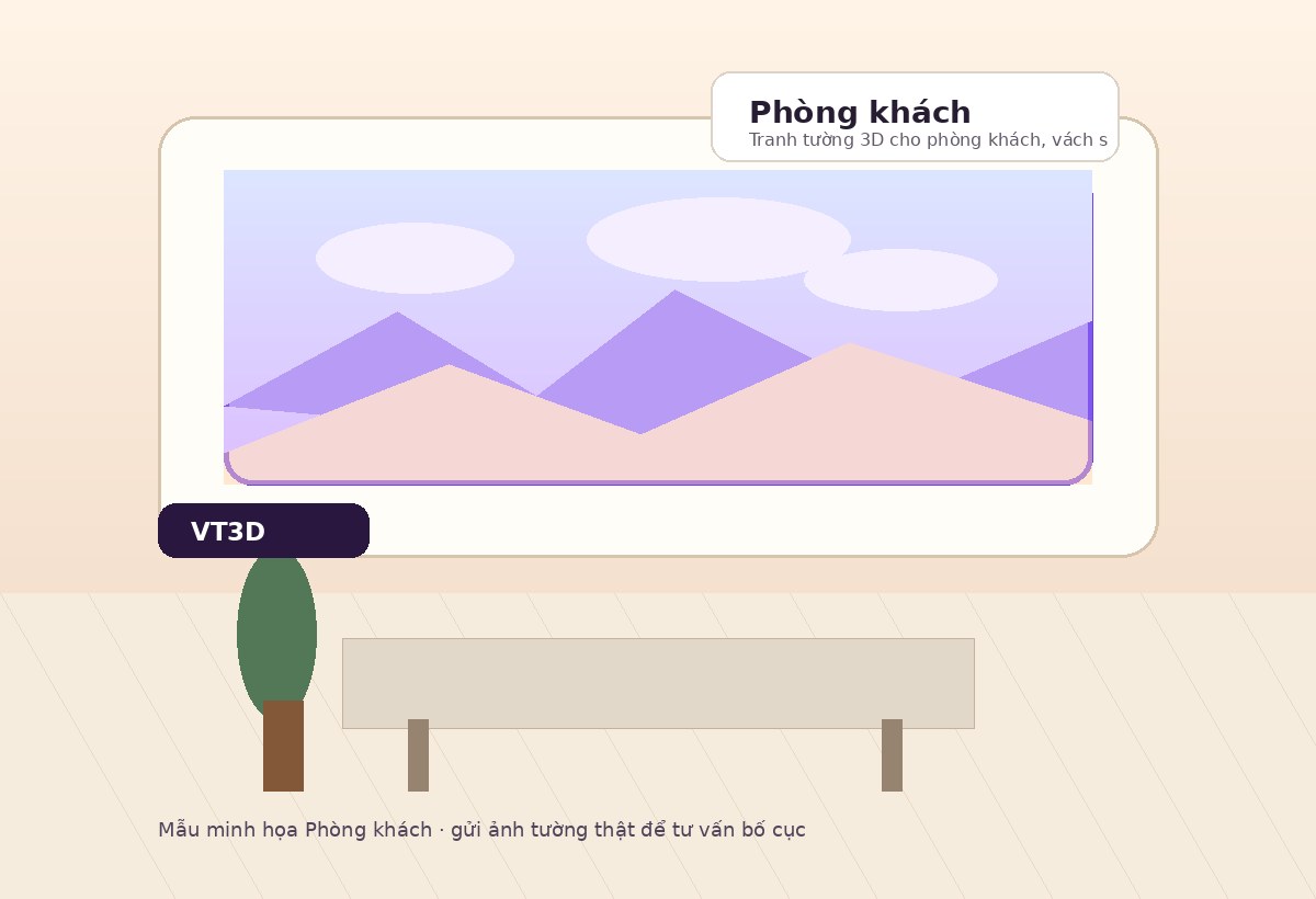 Mẫu minh họa tranh tường 3D cho Phòng khách trên bức tường thật