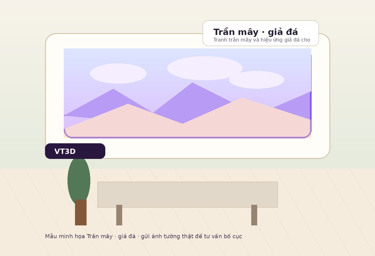 Mẫu minh họa tranh tường 3D cho Trần mây / giả đá trên bức tường thật